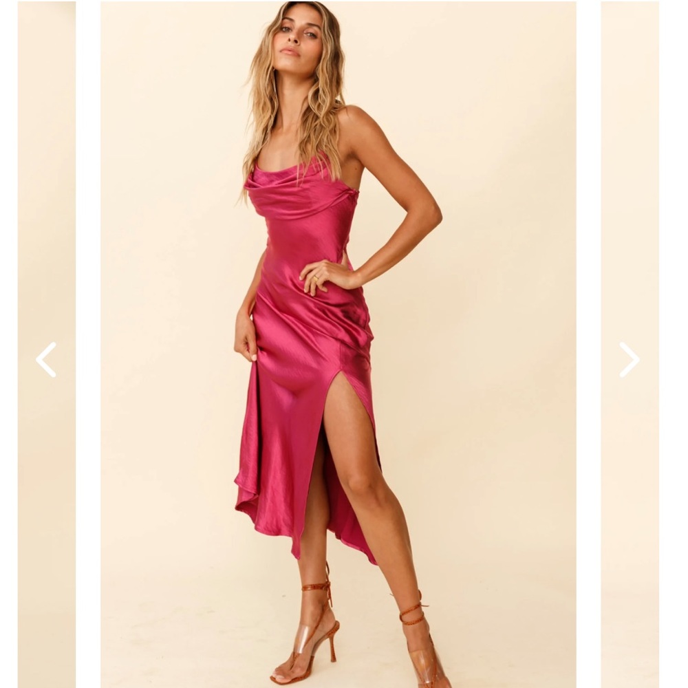 Spaghetti Strap Front Slit Fuchsia Dress